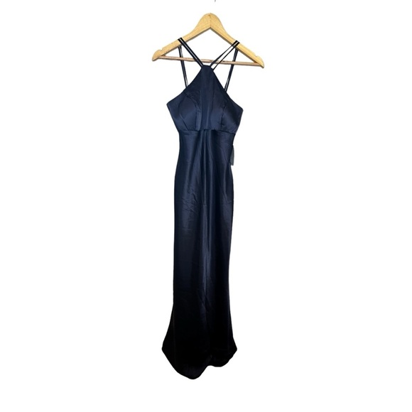 Xscape charmeuse lace up back satin gown navy blue 6 in great condition - Picture 2 of 5